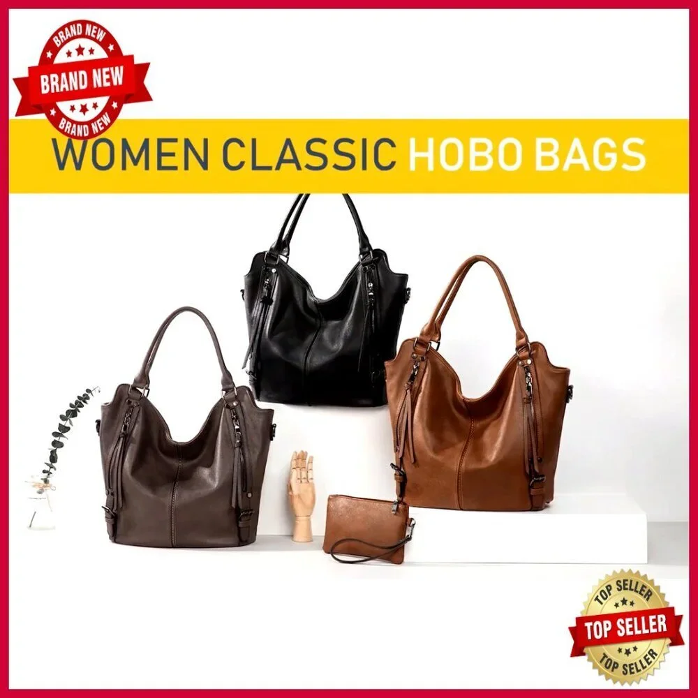 Large PU Leather Hobo Tote with Adjustable Strap, Multiple Pockets
